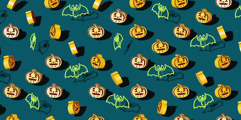 Pumpkins on green background. Pattern for cafe, menu, restaurant. 3d template background. Halloween. 3d render.