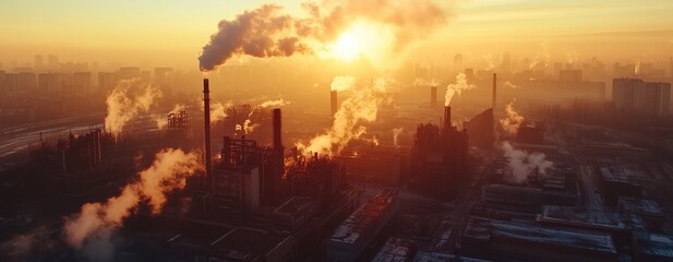 Obraz premium A factory emitting smoke but the ozone layer remains intact and strong, symbolizing resilience and environmental efforts, flat art, World Ozone Day.