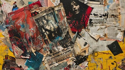 Fototapeta premium A close-up shot of a wall covered in old, faded, and torn posters and newspaper clippings.