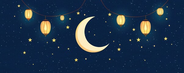 Fototapeta premium Ramadan night with crescent moon and stars, illuminated lanterns, flat design illustration