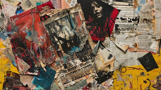 A close-up shot of a wall covered in old, faded, and torn posters and newspaper clippings.