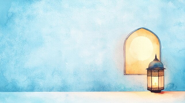 Islamic lantern, softly glowing beside a peaceful moonlit window, celebrating Raya, watercolor style