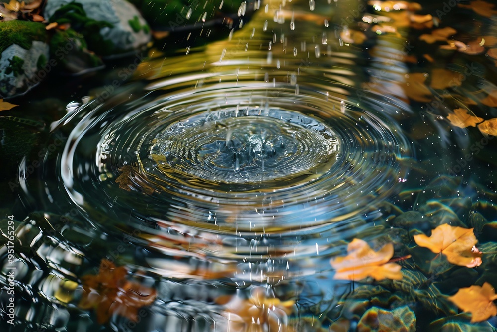 Poster water cascading into a serene pond, creating mesmerizing concentric ripples amidst a backdrop of col