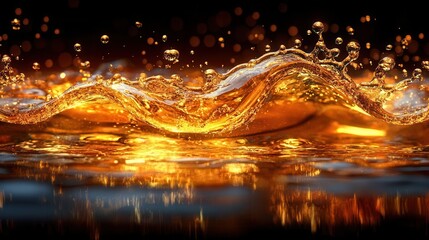 elegant olive oil splash frozen in time golden liquid forming artistic waves and droplets luxury product photography on dark background