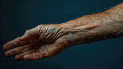 Fototapeta premium Close-up of a person's arm with goosebumps, showing the natural texture and reaction of the skin. The background is softly blurred to emphasize the arm.