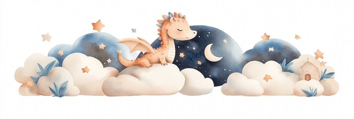 Cute dragon sitting on a cloud under a crescent moon, surrounded by stars. Watercolor kids illustration
