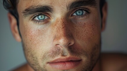 Fototapeta premium Portrait of a man with a clean-shaven face, highlighting his smooth skin and natural features. The background is softly lit to enhance the focus on his face.
