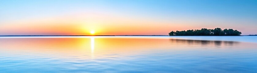 Fototapeta premium Peaceful calm lake at sunset, warm colors mirrored on still water, serene and tranquil evening scene