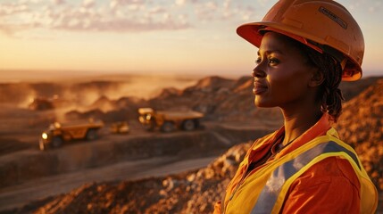 African woman in safety gear operates heavy machinery on a gold mining site at dawn with rugged terrain, dusty environment, and mining trucks in the background