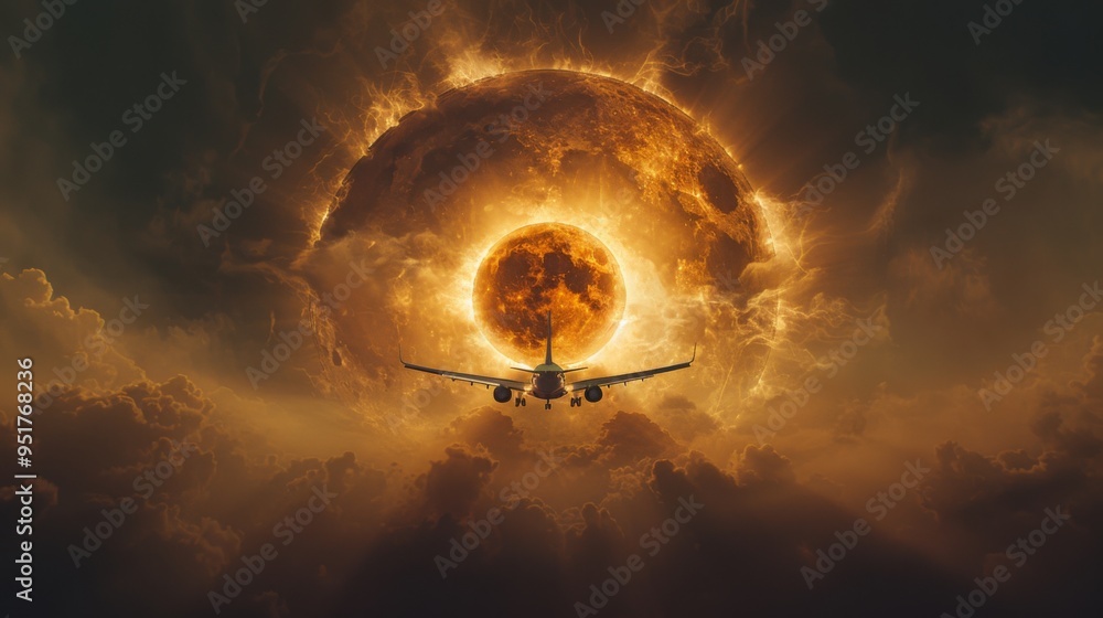 Aufkleber an airplane flying in front of the total solar eclipse with the wake of the engine