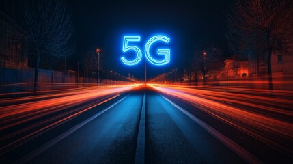 High-speed 5G technology concept with vibrant light trails on a futuristic road at night. Modern communication and connectivity visual.