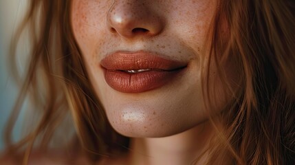 Close-up of a woman's face with a gentle smile, highlighting her smooth skin and natural beauty. The background is softly lit to enhance the focus on her facial features.