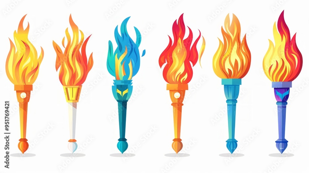 Poster set of different torch with fire on white background