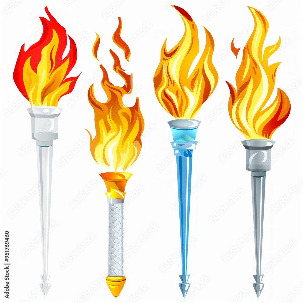 Poster set of different torch with fire on white background