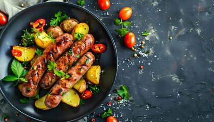 Sausage with fried potatoes and vegetables on a plate. Top view