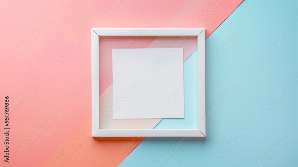 Poster top view of white blank square frame for mock up and display products with pastel background