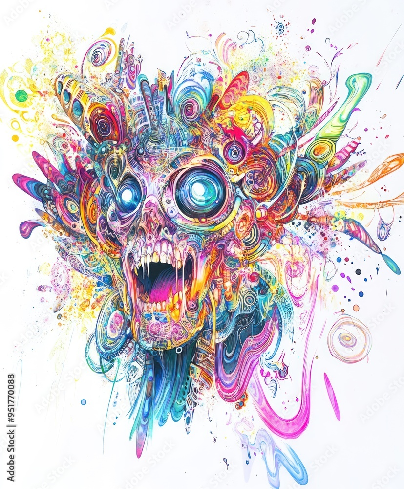 Wall mural a vibrant, abstract depiction of a monstrous face with colorful swirls and intricate details.