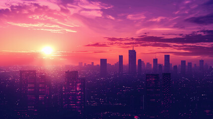 Fototapeta premium Urban Sunset with Silhouetted Skyscrapers and Twinkling City Lights: City Life and Beauty. Generative AI