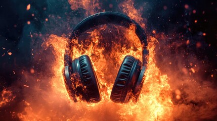 A pair of gaming headphones explode in a burst of fire and smoke, the device consumed by flames, representing extreme tech failure.