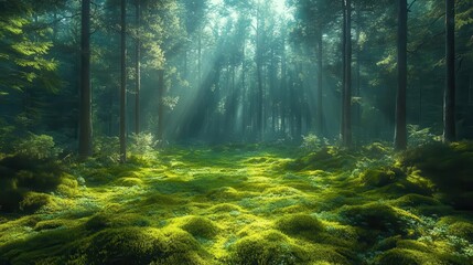 Obraz premium enchanted scandinavian forest ancient pine trees thick carpet of vibrant green moss misty atmosphere soft dappled sunlight magical woodland scene