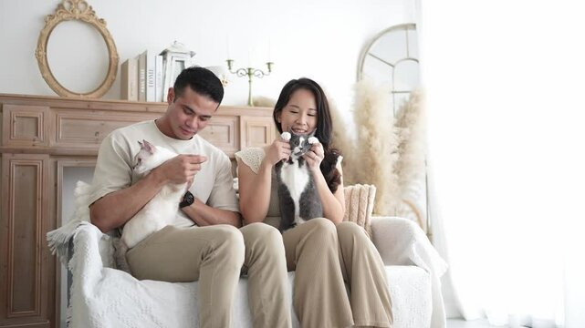 Chinese and Indian Malaysian couple in their 20s and 30s playing with a cat in a room with Western-style furniture in a house in Selangor, Malaysia.