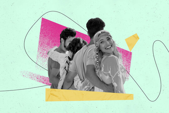 Creative collage picture young friedns woman man hub walk leisure weekend communication smile cheerful positive mood carefree