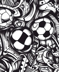 A dynamic black-and-white illustration featuring various soccer balls and abstract patterns.