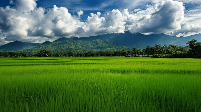 Expansive green rice fields under a picturesque sky with fluffy clouds and mountains in the background