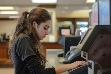 Fototapeta premium Young woman is using a self service checkout at the library