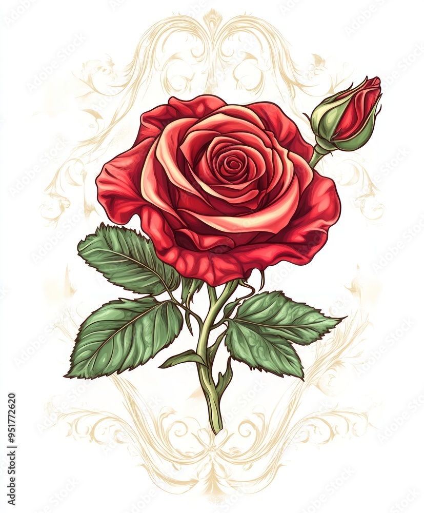 Wall mural A detailed illustration of a red rose with green leaves and a budding flower.