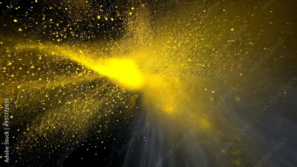 Poster dynamic burst of yellow paint on a dark background captured in a dramatic display of color and movem