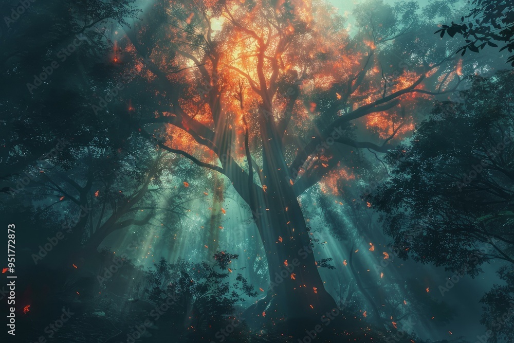 Poster sun shining through the fog illuminating a glowing red tree with falling leaves