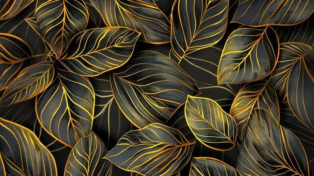 Elegant golden leaf patterns displayed on a dark background showcasing intricate designs and textures in a serene composition