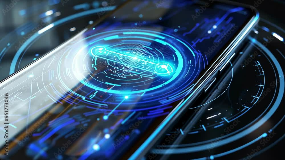 Poster exploring smartphone technology with holographic display features in urban setting at night