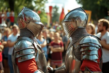 Fototapeta premium Two Medieval Knights in Full Armor Fighting at the Knight Festival