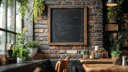 Cozy Rustic Cafe Interior with Chalkboard and Greenery in Industrial Style Setting