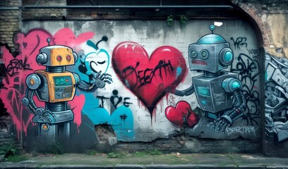 Two graffiti robots face each other with a heart between them on a wall, showcasing urban street art. The vibrant colors and creative design highlight the artistic expression and culture of the city.