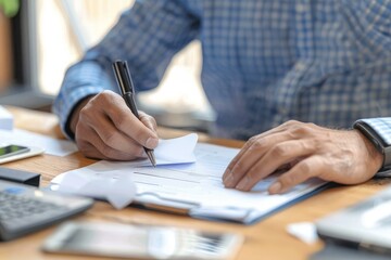 Businessman is taking notes while reviewing paperwork at his desk