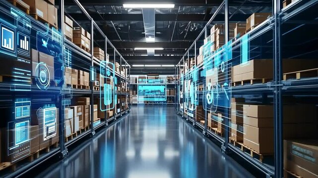 Exploring a modern warehouse with advanced technology and inventory management systems in action