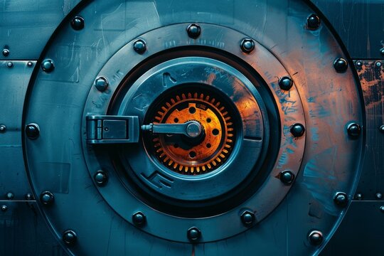 Round metal vault door with locking mechanism and gear on a grunge metal background is being opened