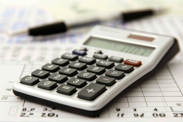 Calculator lying on a spreadsheet with a pen out of focus in the background, concept of accounting