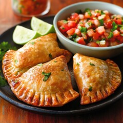 Golden Brown Empanadas with Fresh Salsa and Lime Wedges