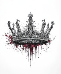 A detailed crown illustration with red splashes, symbolizing power and conflict.