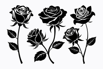 Rose silhouette set of devorative with leaves. Flower vector illustration