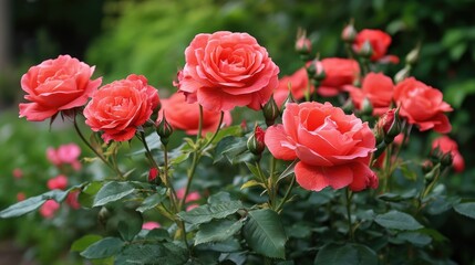 A rose bush in full bloom, with vibrant red roses standing out against the green foliage.