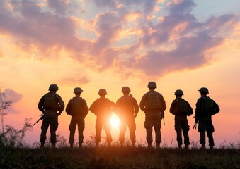 Fototapeta premium Silhouette of Soldiers Standing in Formation Against a Sunset Sky
