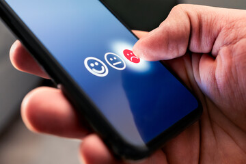 Bad review and complaint. Unhappy customer complain. Negative feedback in survey poll in phone. Low...