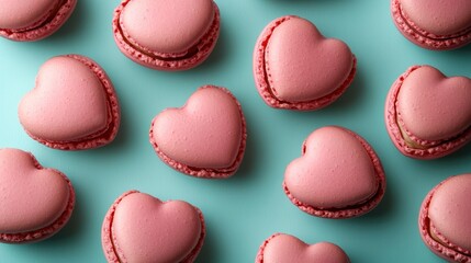Fototapeta premium French sweet Pink heart macaroons isolated on blue background. Pastry shop card with copy spacefrench macaroons,Paris Pastry,bakery and branding valentine couple concept,copy space.