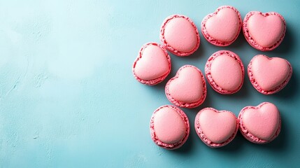 Fototapeta premium French sweet Pink heart macaroons isolated on blue background. Pastry shop card with copy spacefrench macaroons,Paris Pastry,bakery and branding valentine couple concept,copy space.