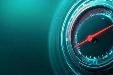 Futuristic glowing speedometer on dark teal background symbolizing high speed, technology, and innovation.